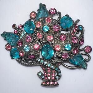 Antique Art Deco 1930s large pot metal pink blue molded glass rhinestones brooch